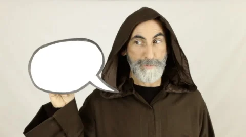 Friar holding white speech balloon showing Stock Footage 48206552