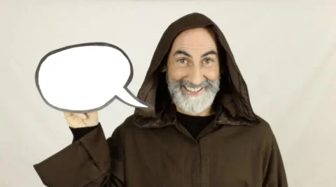Friar holding white speech balloon smiling Stock Footage 48207339