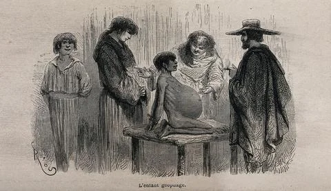 Friars at Pevas (Pebas, Pehuas), Peru, showing to Paul Marcoy a five-year o.. Stock Illustration
