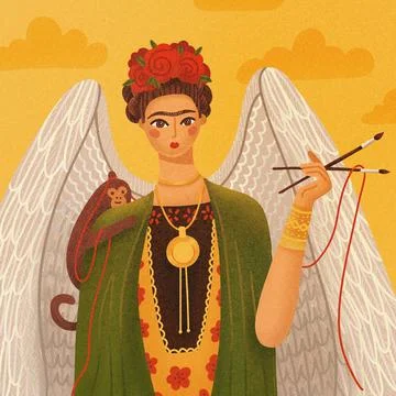 Frida Kahlo de Rivera creative portrait. Mexican woman with flower crown, wings Stock Illustration