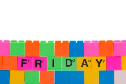 Friday text formed from blocks isolated over white background. Stock Photos