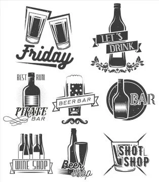 Friday is time to drink. Vector set of weekend party labels in vintage style. Stock Illustration