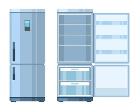 Fridge. Closed and open empty refrigerator, kitchen household appliances, home Stock Illustration