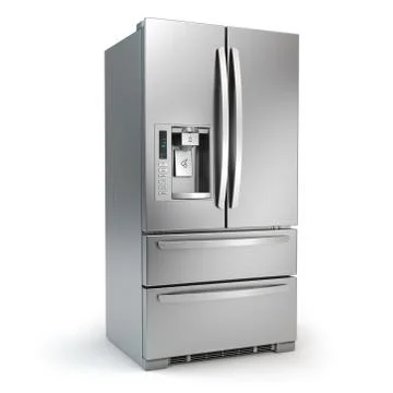Fridge freezer. Side by side stainless steel srefrigerator  with ice and wate Ilustración de archivo