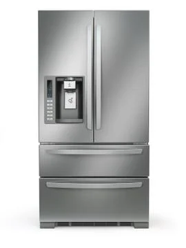 Fridge freezer. Side by side stainless steel refrigerator  with ice and water Illustration