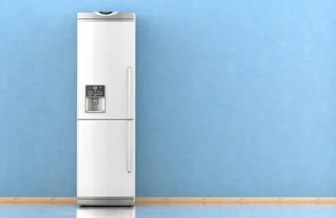 Fridge, front view in interior near the blue wall. 3D rendering Stock Illustration