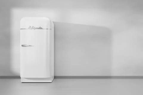 Fridge in gray minimalistic kitchen interior. 3D rendering. Stock Illustration