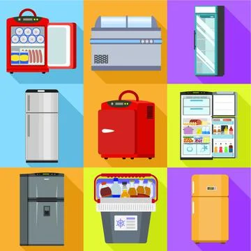 Fridge icon set, flat style Stock Illustration