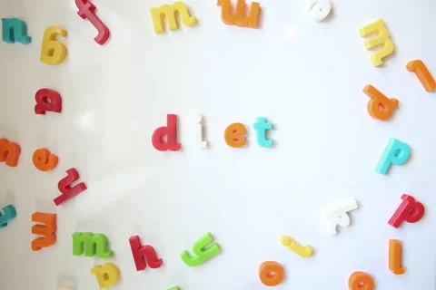 Fridge magnets stop-motion to form word 'DIET' Stock Footage 156711163
