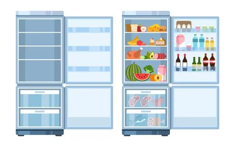 Fridge. Open empty refrigerator and with products, healthy food water and milk Stock Illustration