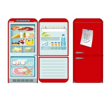 Fridge opened and closed. Red refrigerator with food in retro style. Vector Stock Illustration