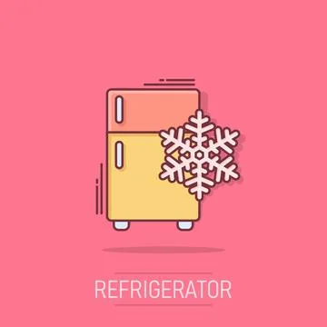 Fridge refrigerator icon in comic style. Freezer container vector cartoon i.. Stock Illustration