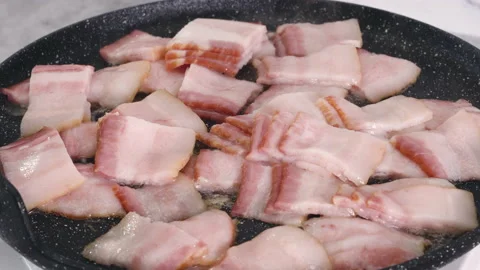 Fried bacon close-up on a frying pan. English breakfast recipe Stock Footage 238777763