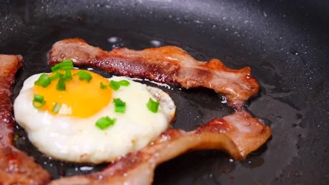 Fried bacon with eggs in a pan. Stock Footage 154236721