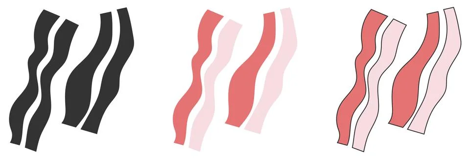 Fried bacon slices vector illustration. Set of three bacon icons isolated Stock Illustration