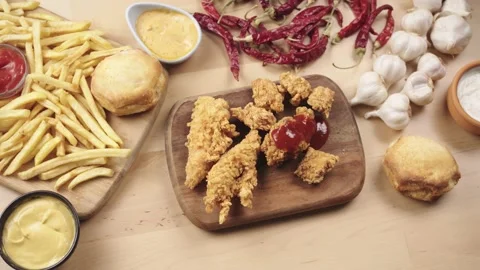 Fried Battered Chicken Wings and French Fries with dip sauces Stockbeeldmateriaal 180041057