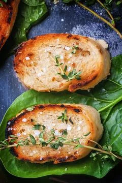 Fried bread croutons with thym and spinach leaves on silver tray. Top view Stock Photos