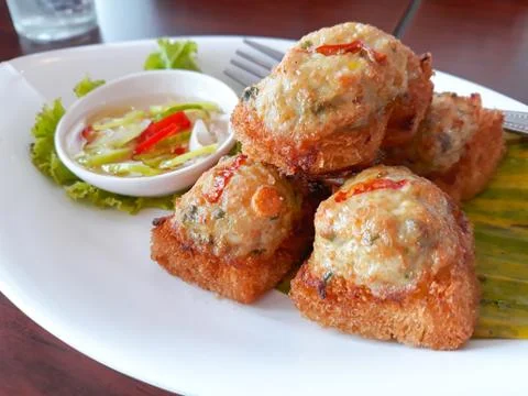 Fried Bread with Minced Pork Spread ,Thai food. Stock Photos