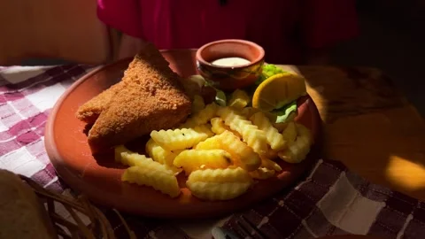Fried breaded cheese served with French fries in a restaurant Stock Footage 251010247