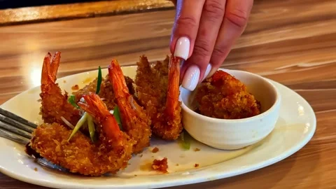 Fried breaded shrimp with dipping sauce in Catangnan Siargao Island Stock Footage 334579696