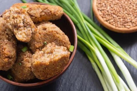 Fried buckwheat cutlets Stock Photos