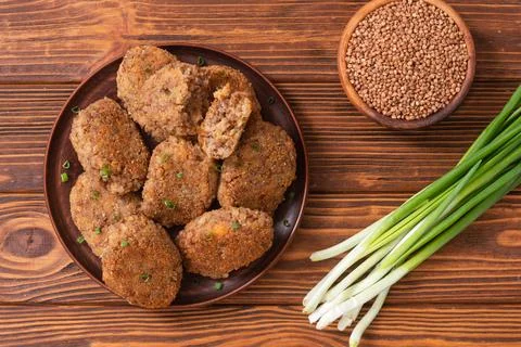 Fried buckwheat cutlets Stock Photos