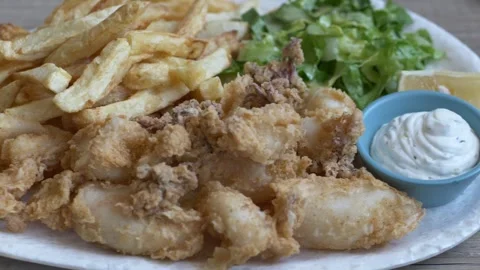 Fried calamari dish represents authentic Mediterranean food experience. Squid Stock-Footage 332874810