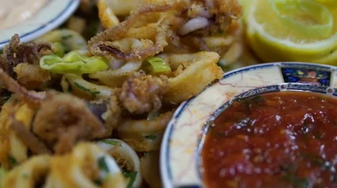 Fried Calamari, Sauce, Lemon Stock Footage 40214887