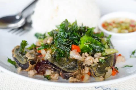 Fried century egg with crispy holy basil Stock Photos