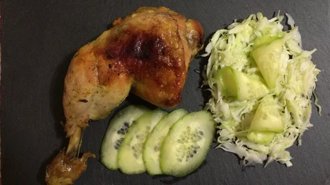 Fried Chicken And Cabbage Cucumber Salad Stock Footage 100629571