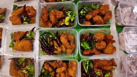 Fried Chicken Bites in Takeaway Boxes Street Food Meal Prep Portions, 4K Stock Footage 331984239