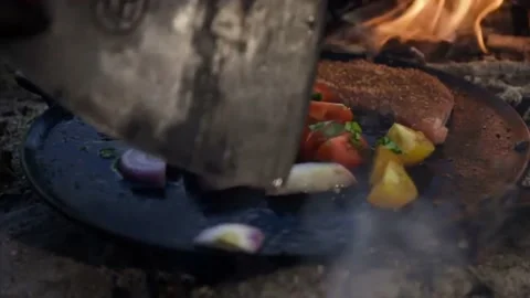 Fried chicken cooking in forest Stock-Footage 208838948