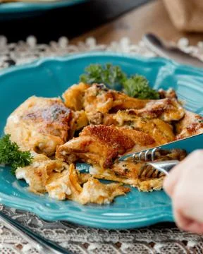 Fried chicken with green on the table Stock Photos