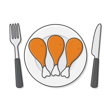 Fried Chicken Legs On Plate With Fork And Knife Vector Icon Illustration. F.. Stock Illustration