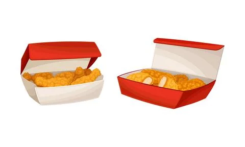 Fried chicken meat in boxes set. Tasty crispy drumsticks and fillet, fast food Ilustração Stock