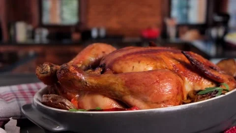 Fried chicken or whole turkey in the kitchen. Stock Footage 154242163