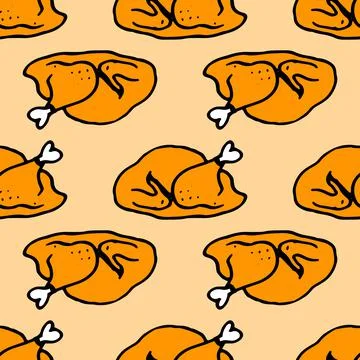 Fried chicken pattern. Seamless pattern of a fried golden bird painted in doodle Stock Illustration