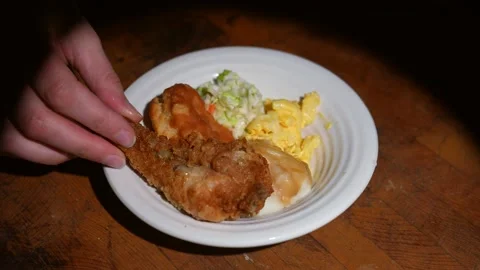 Fried chicken placed on classic dinner plate Stock Footage 148177362