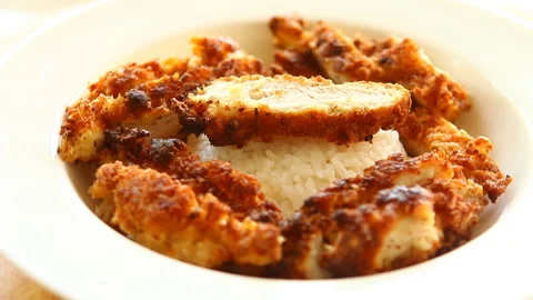 Fried chicken with rice in plate, in door  Chiangmai  Thailand Stock Footage 138564472