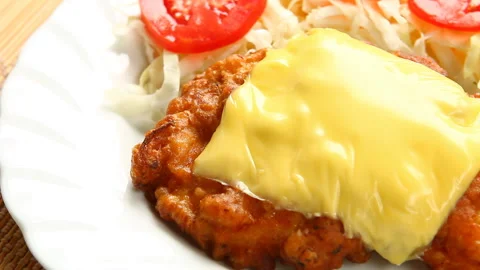Fried chicken steak with cheddar  cheese , in door  Chiangmai  Thailand Stock-Footage 134160341
