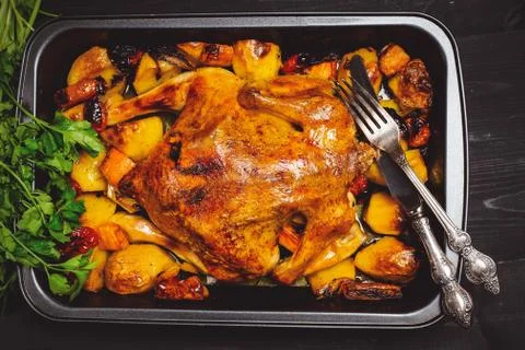 Fried chicken with vegetables. Stock Photos