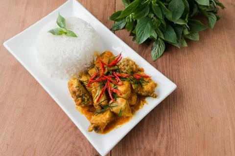Fried chilli paste sauce with fish with herb and rice  thai food Stock Photos
