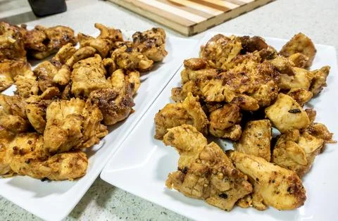 Fried chunks of succulent, lean and tender Chicken meat Stock Photos