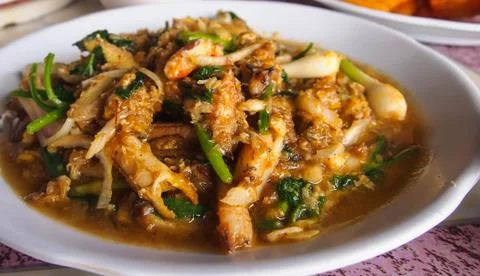 Fried crab with curry powder Stock Photos