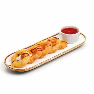 Fried crispy squid rings breaded caramari with red sauce on white backgruond Stock Photos