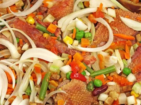 Fried duck with vegetables. Stock Photos
