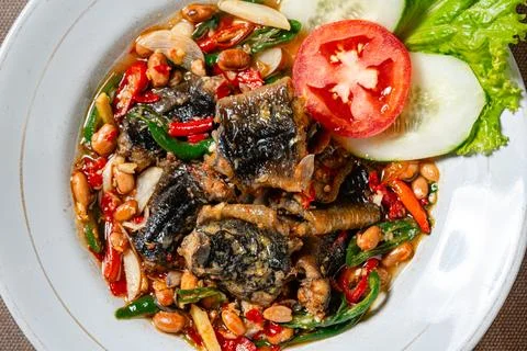 Fried eel with Tauco or fermented bean paste Stock Photos