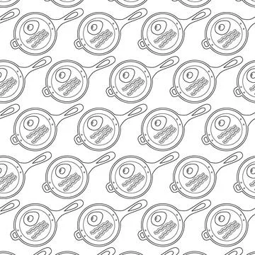 Fried Egg and bacon Strips on Fried Pan with Handel Coloring Seamless Pattern 库存插图