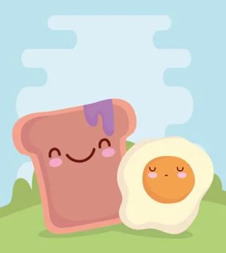 Fried egg and bread with jam menu character cartoon food cute Stock Illustration
