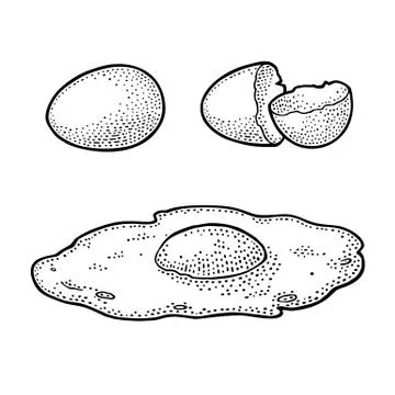 Fried egg and broken shell. Vintage black engraving illustration Stock-Illustration